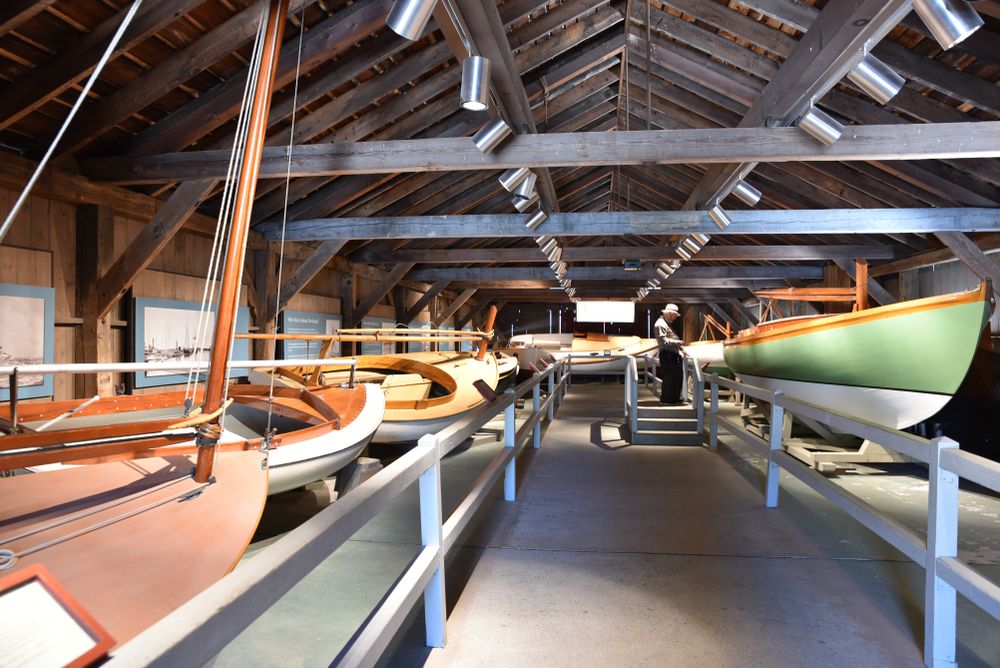 Boats display inside Mystic Seaport Museum.