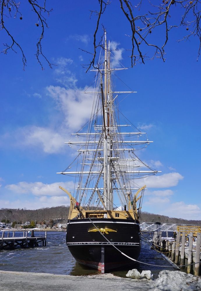 A boat on the dock at Mystic Seaport Museum.