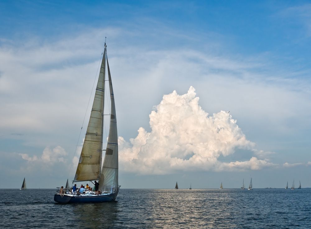 A boat sailing at Galveston Bay.