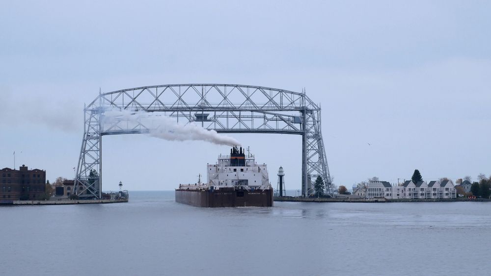 A ship passing through the Aerial Lift Bridge