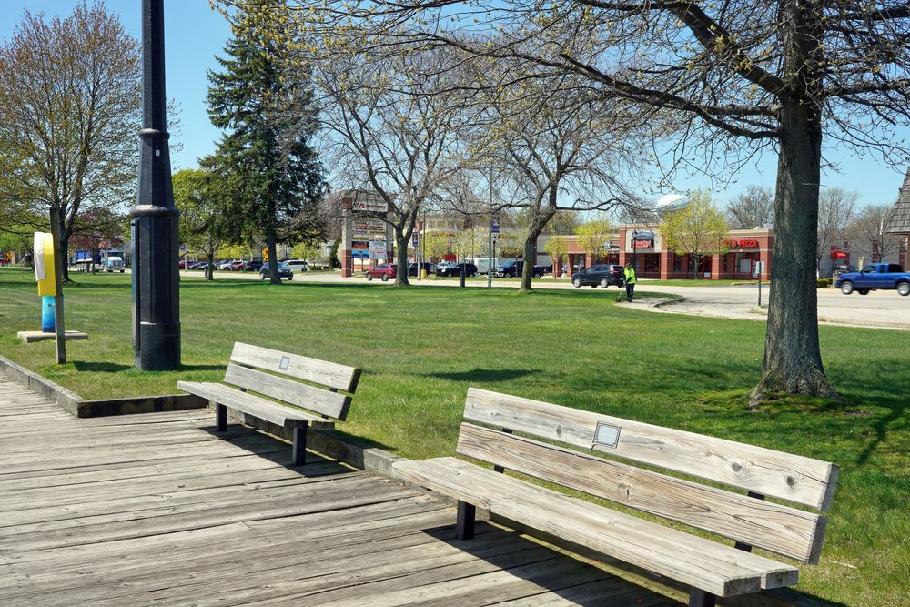 Wooden benches at Algonac Riverwalk