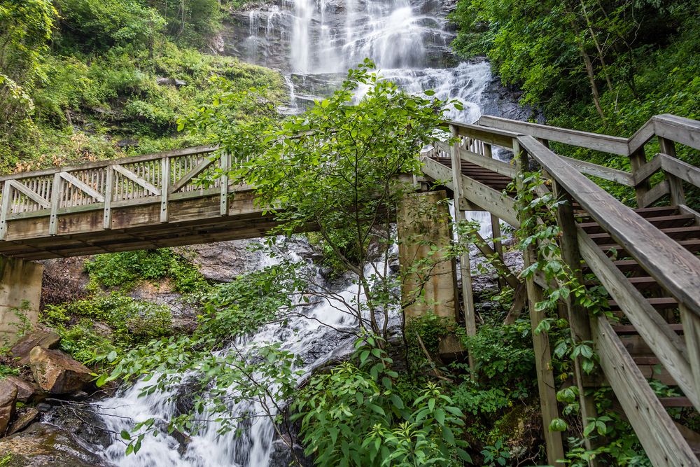 A beautiful wooden bridge and staircase built over the Amicalola Falls
