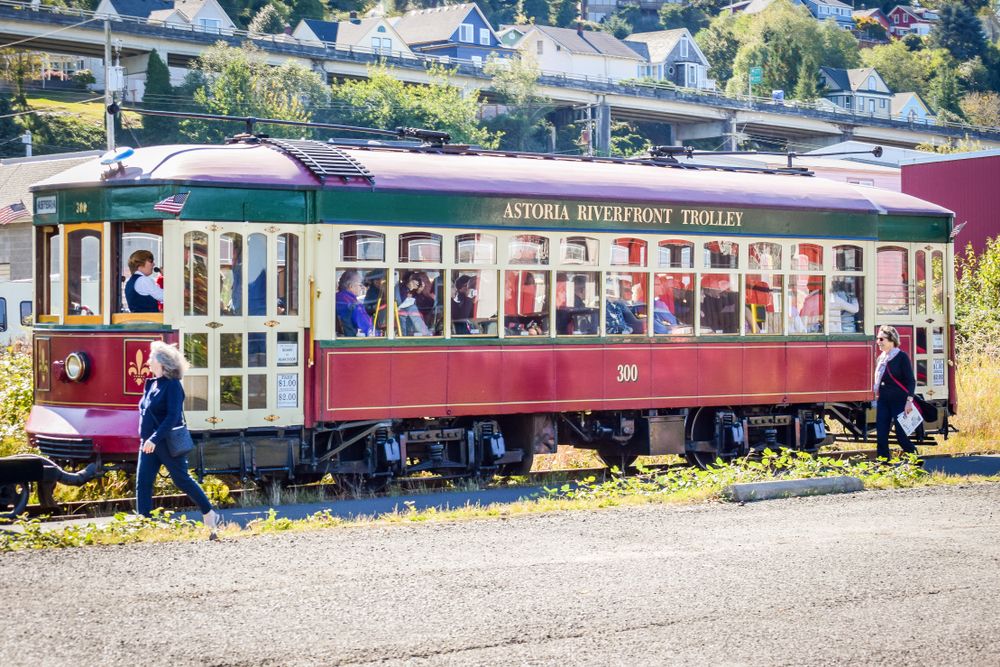 Tourists riding the Astoria Riverfront Trolley
