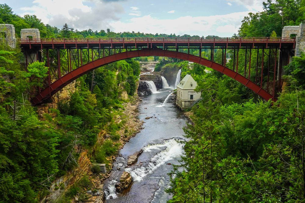 Aerial view of Ausable Chasm's waterfall