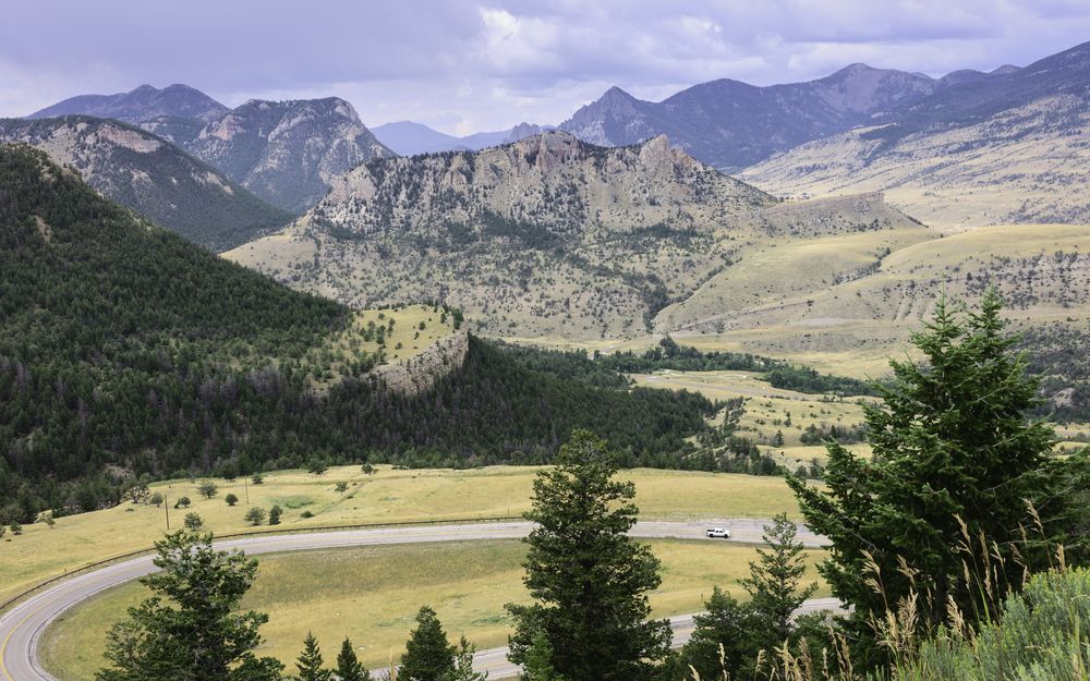 Scenic view of Beartooth Highway with mountains and trees in the background