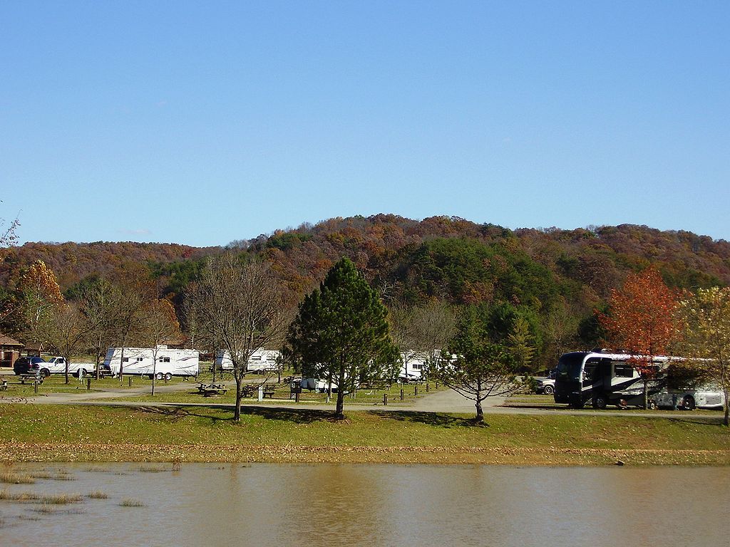 Beech Fork State Park with lake, camping ground and RV in the background