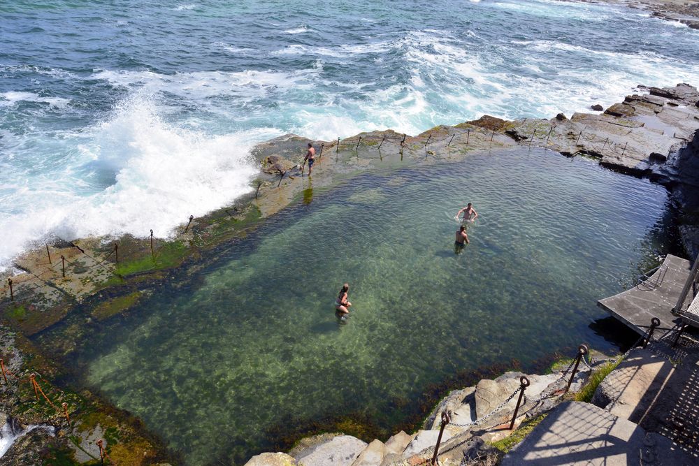 Aerial view of Bogey Hole with people relaxing in it