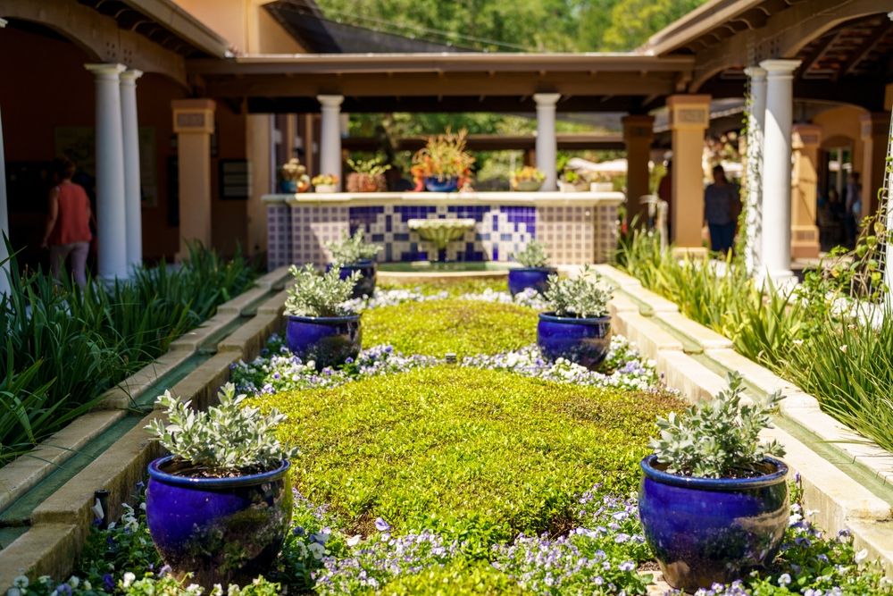 Colorful pots and plants at Bok Tower Gardens