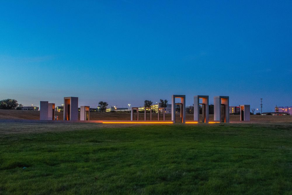 Lit Bonfire Memorial during sunset.