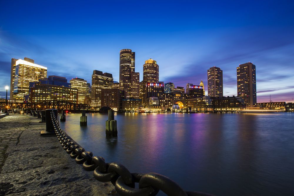 Night view of Boston Harborwalk