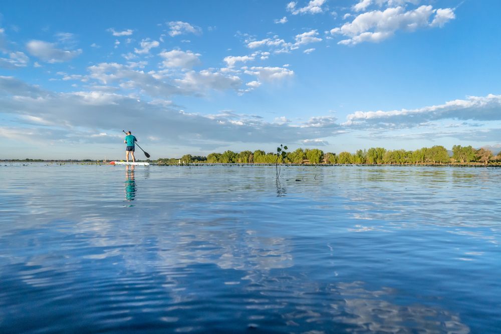 A stand up paddler paddling at Boyd Lake State Park
