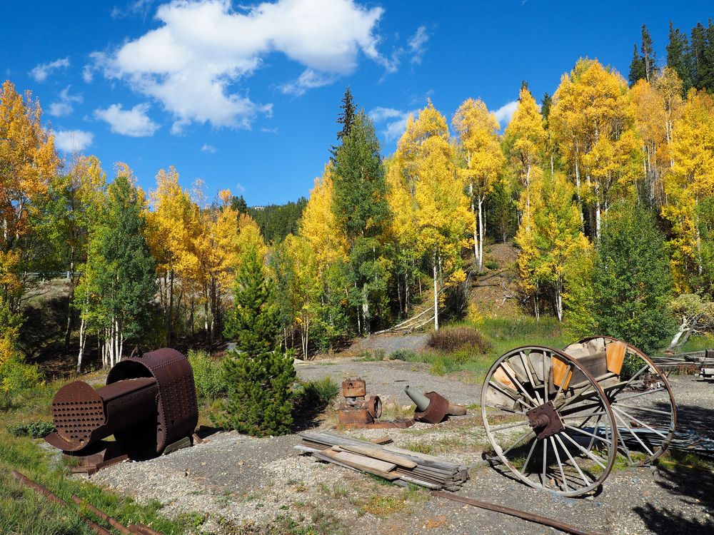 Old rusty mill equipments near Breckenridge Sawmill Museum