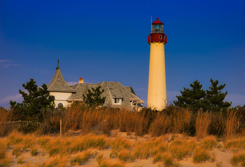 Cape May Lighthouse during the golden sunset hour