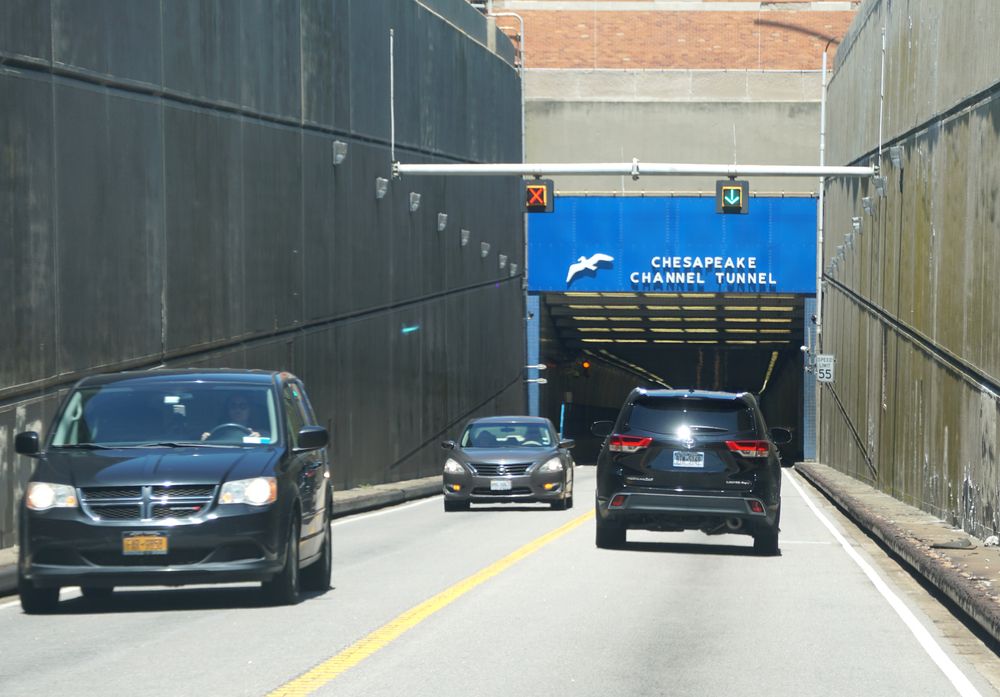 Cars going in and out of Chesapeake Bay Bridge-Tunnel