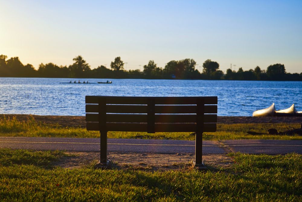 A bench overlooking the lake at Creve Coeur Lake Memorial Park