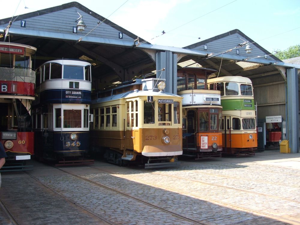 Trams parked at the National Tramway Museum at Crich Tramway Village
