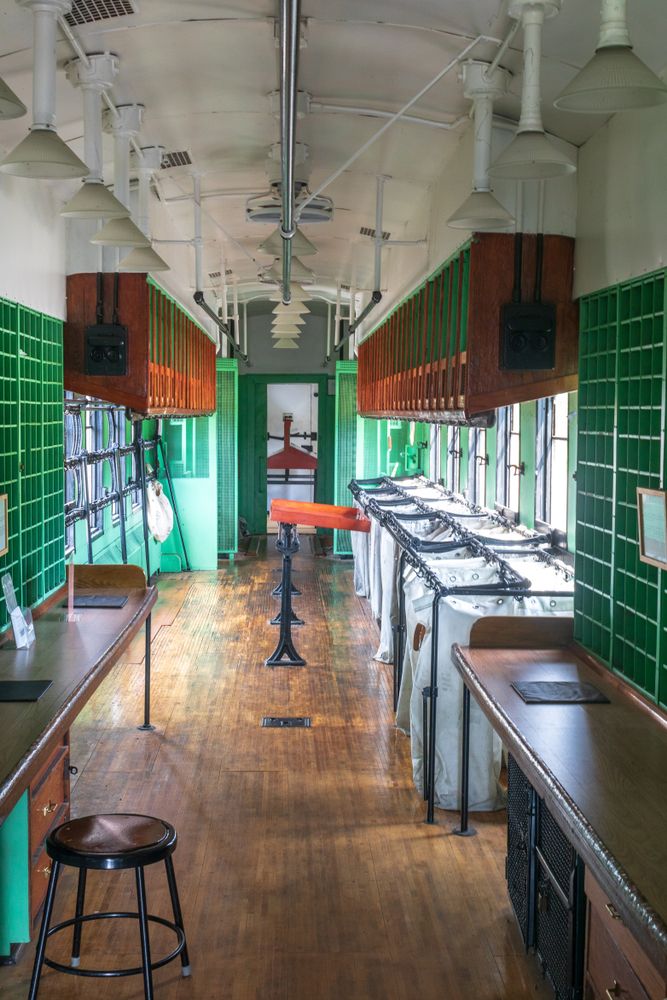 Interior view of the mail train at Danbury Railway Museum