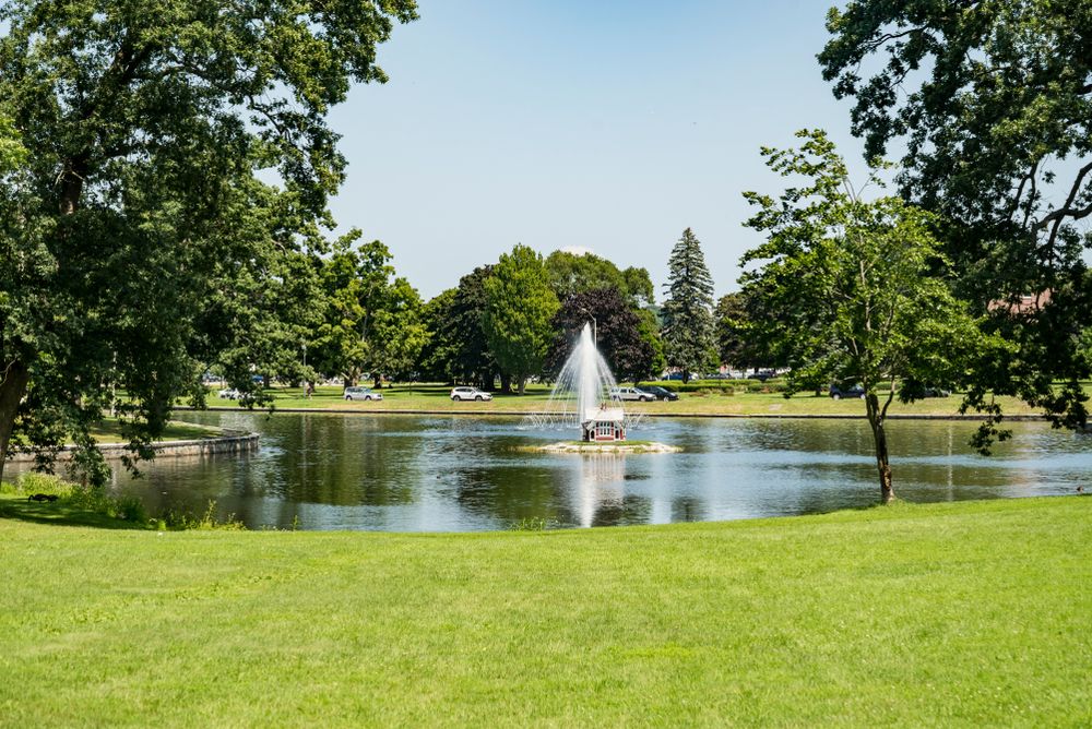 Pond with a fountain at Deering Oaks