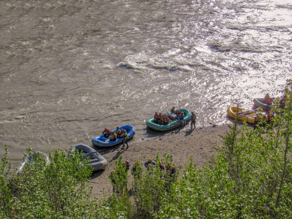 People whitewater rafting on Nenana river