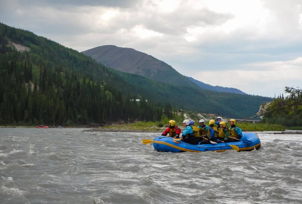 People whitewater rafting on Nenana river