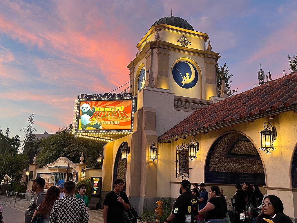 DreamWorks Theatre lit up during night