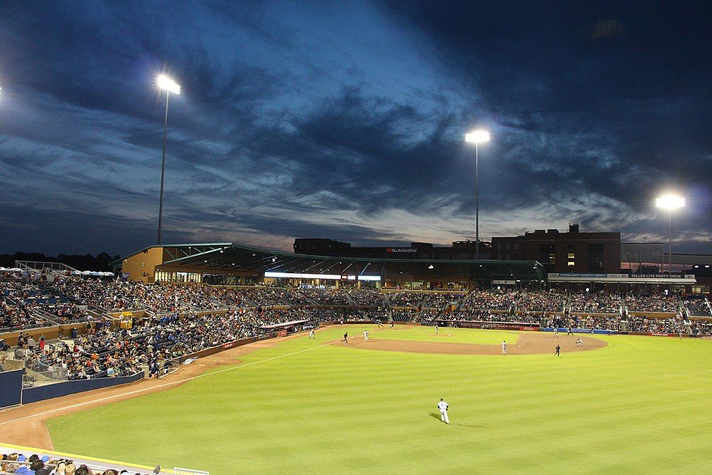 A baseball game at Durham Bulls Athletic Park