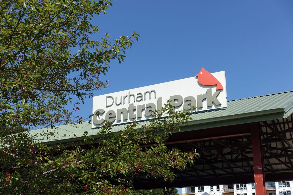 Name board of Durham Central Park