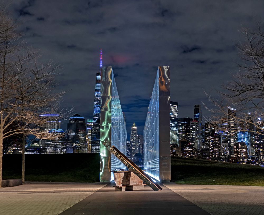 Night view of the Empty Sky Memorial
