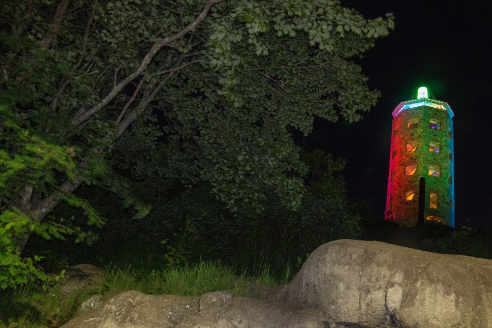 Enger Tower lit up during night