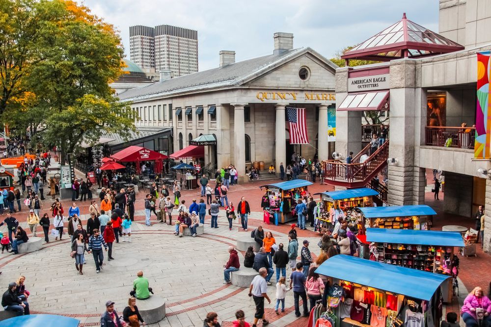 People strolling around the Faneuil Hall Marketplace