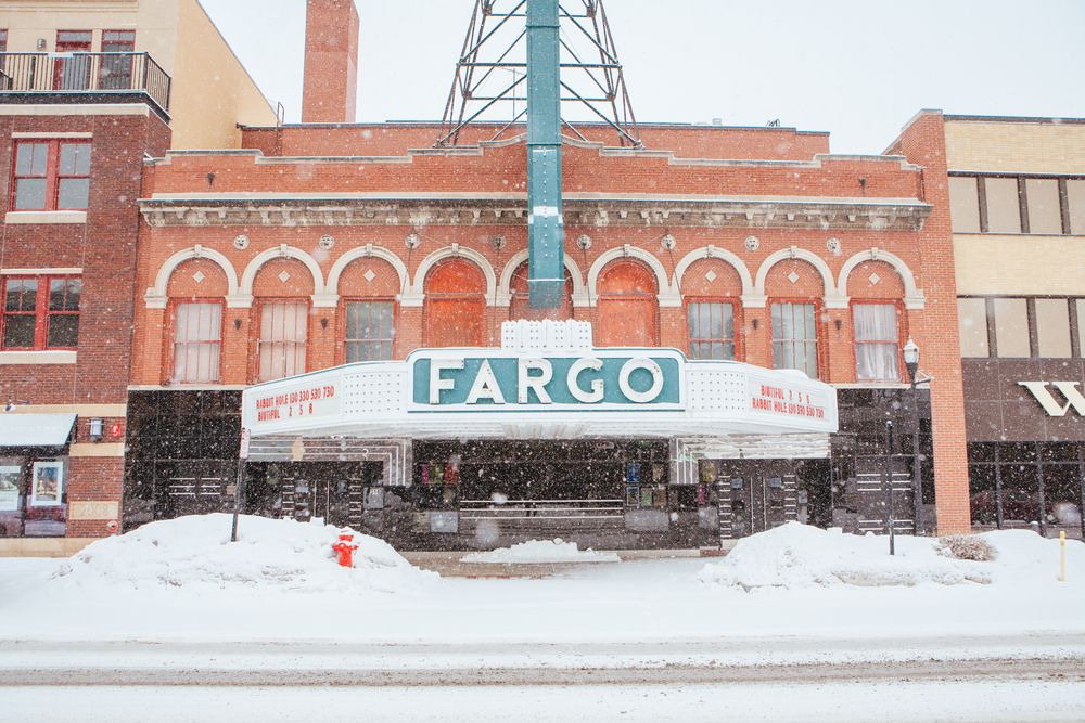 Fargo Theatre during snow fall
