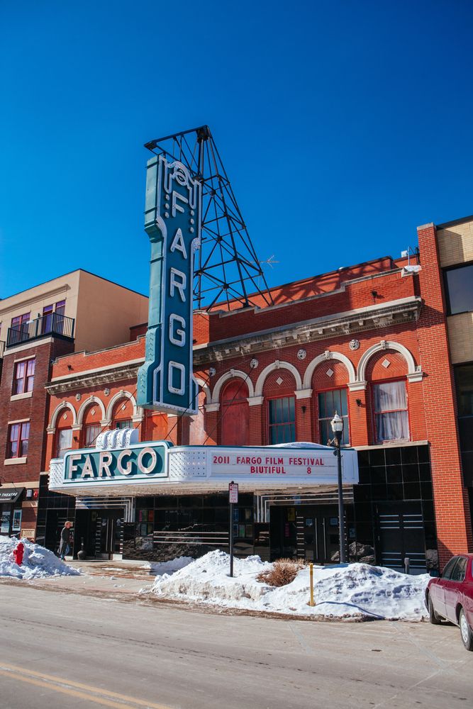 Fargo Theatre with heaps of snow in the entrance