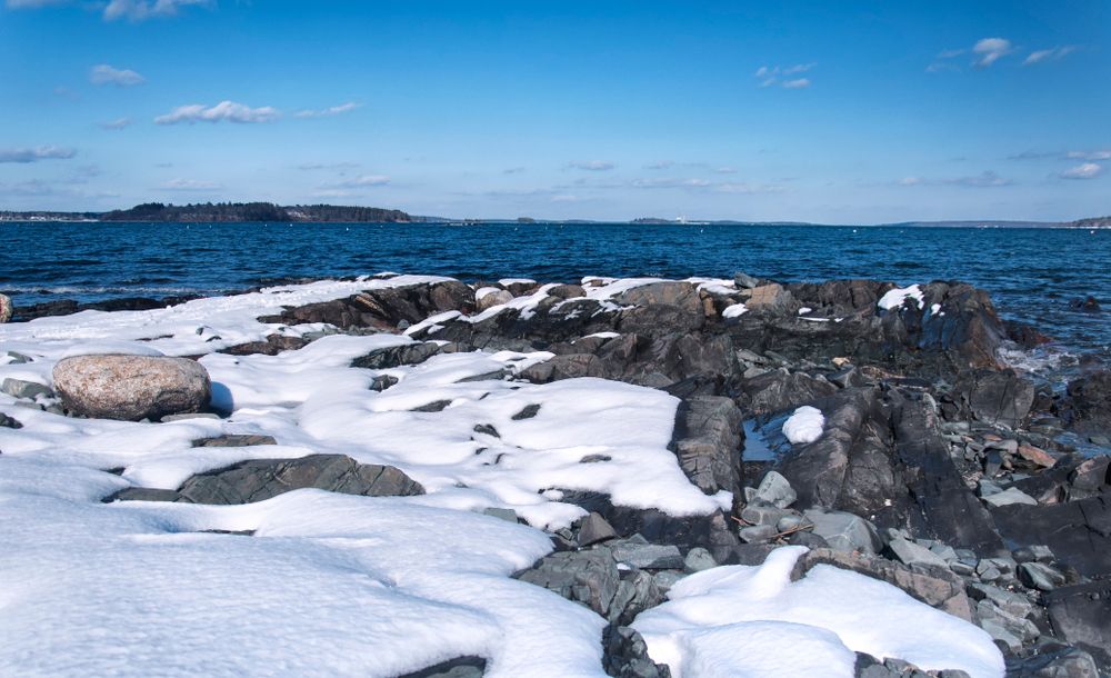 Fishing area at Fort Allen Park covered with snow
