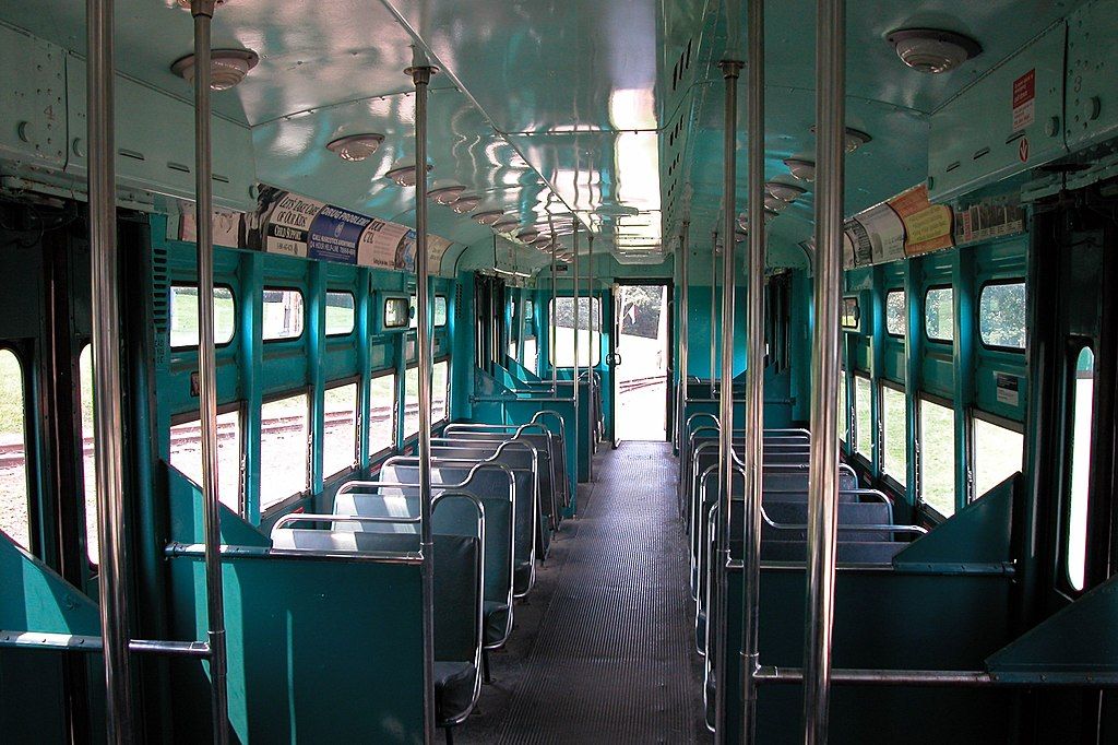 Interior view of a trolley at the Fox River Trolley Museum