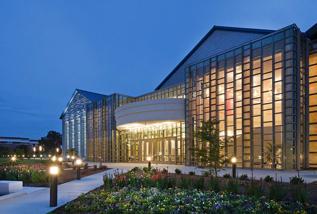 Exterior view of Francis Marion University Performing Arts Center during night