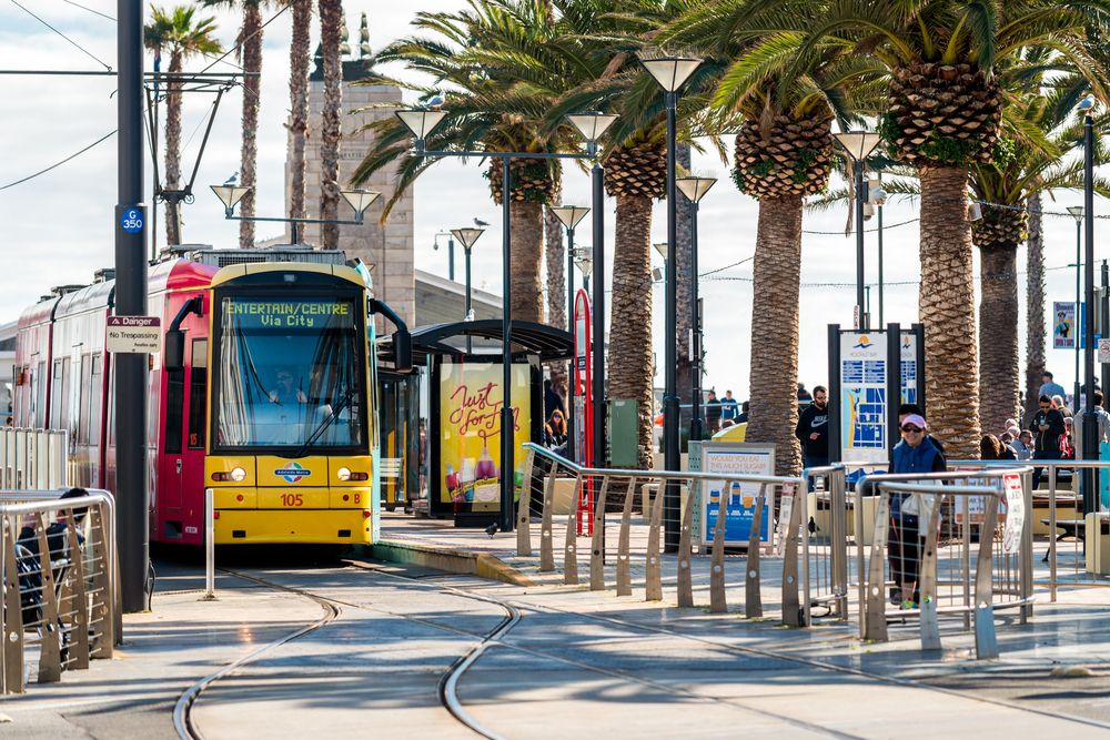 Glenelg Tram moving along a curvy track in Adelaide