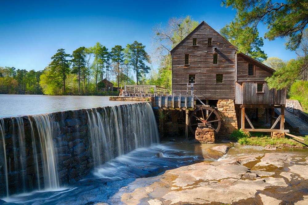 Small waterfall at Historic Yates Mill County Park