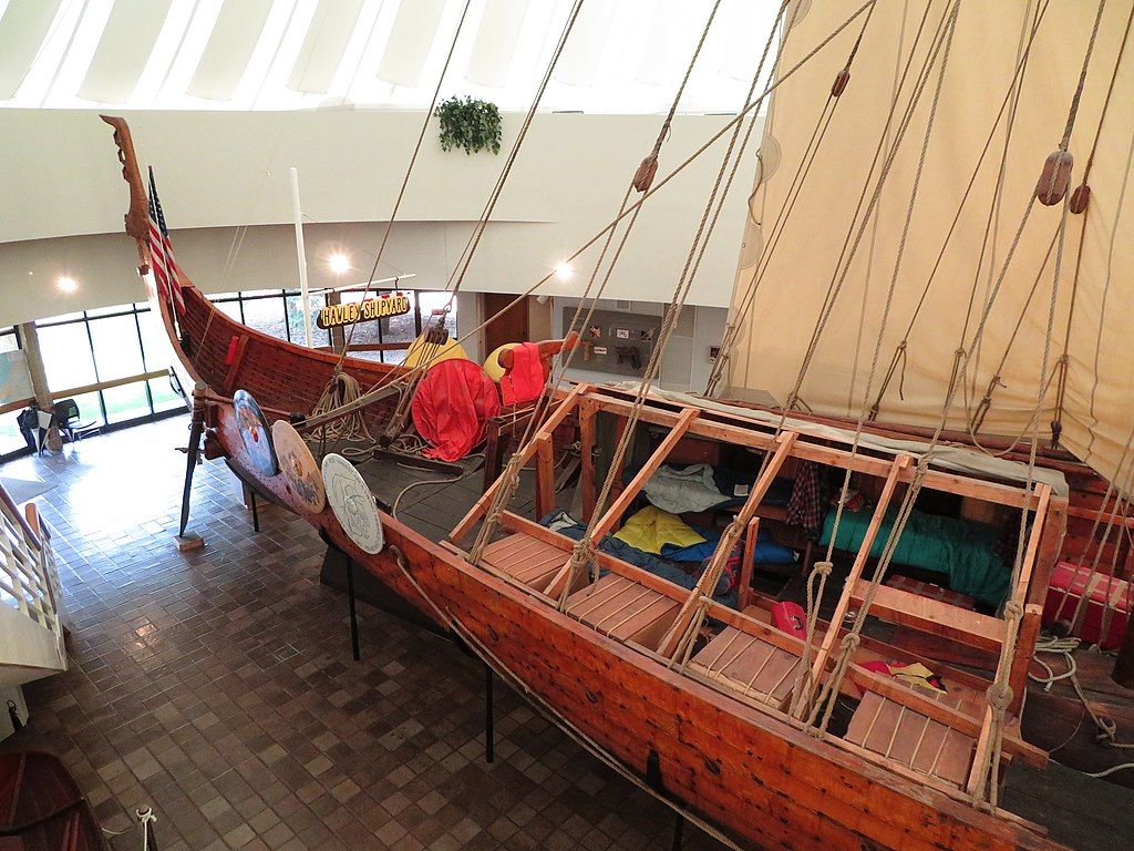 Display of a viking ship in Hjemkomst Center