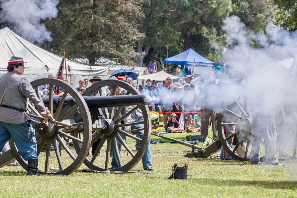 Soldiers firing cannon at Huntington Central Park