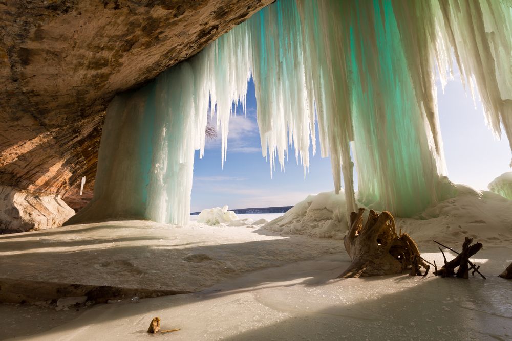 Ice curtains viewed from inside the cave