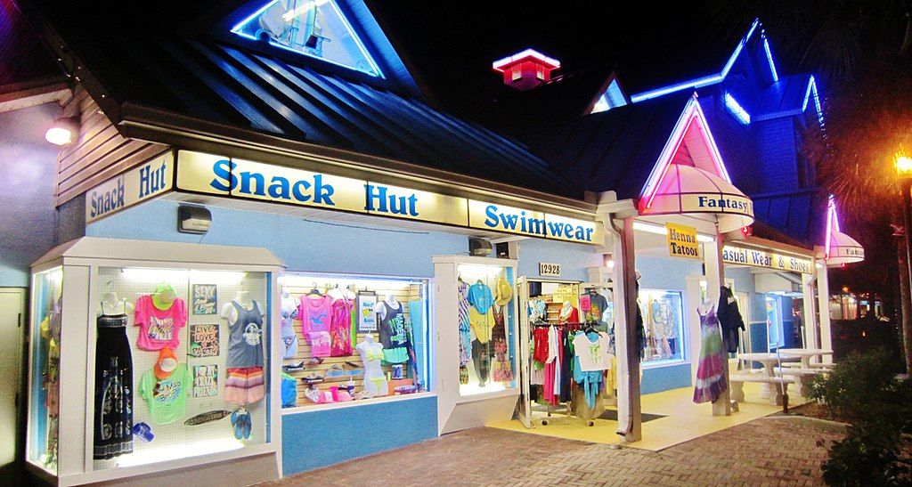 Night view of the shops at John's Pass Village & Boardwalk