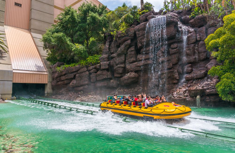 Water splashing on the riders in Jurassic World Ride