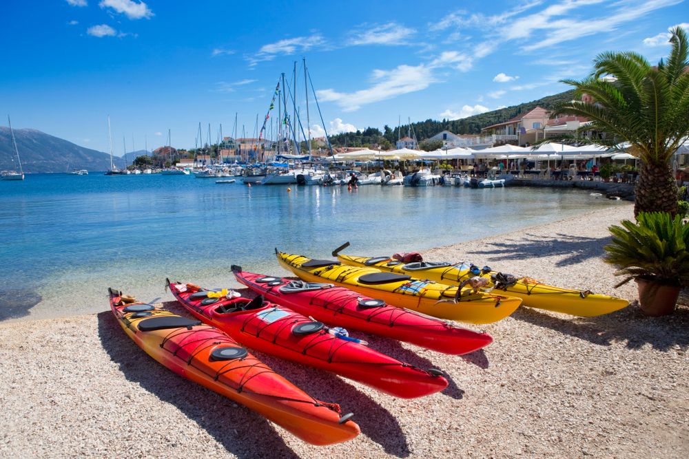 Kayak boats at Kefalonia's shore