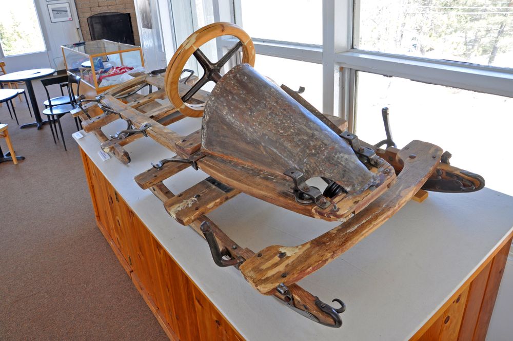 Display of an old wooden sledge in Lake Placid Olympic Museum