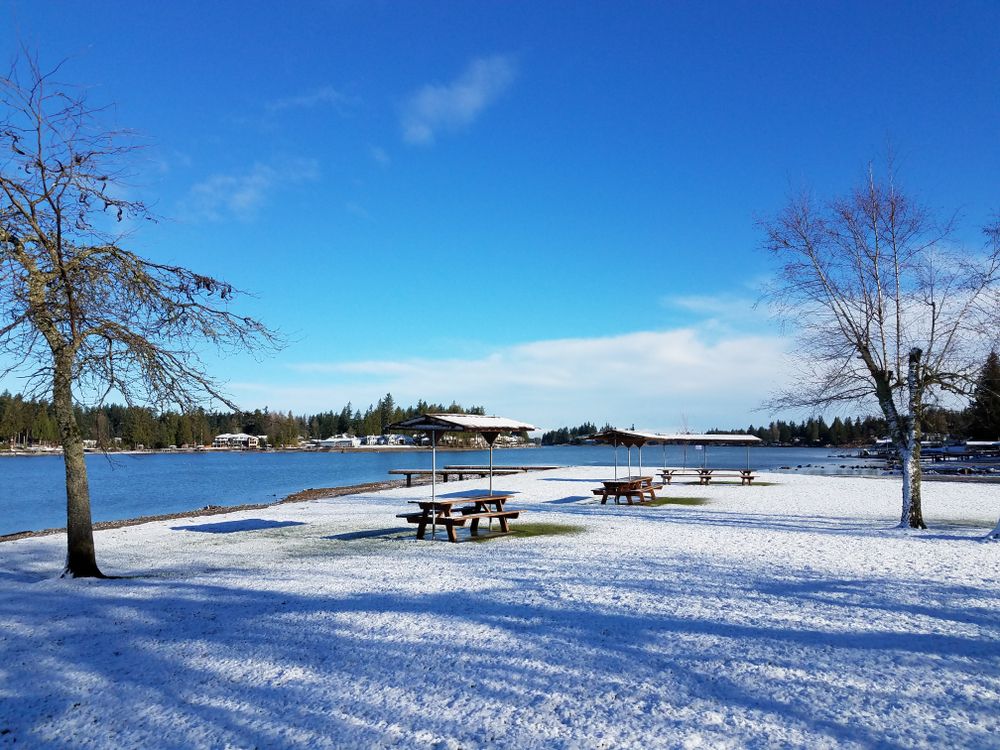 Snow covered picnic area at Lake Tapps Park