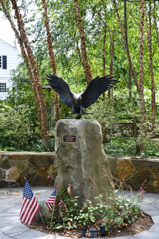 Bronze statue of an eagle at Lasdon Park, Arboretum & Veterans Memorial