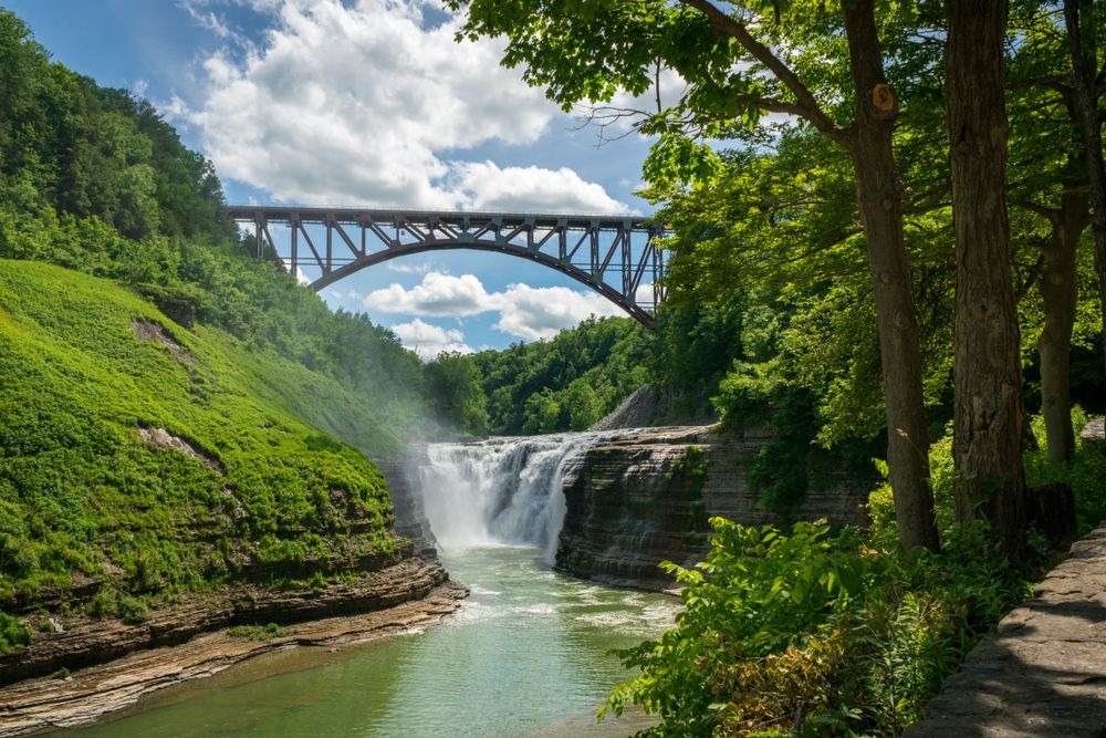 Bridge and waterfall at Letchworth State Park