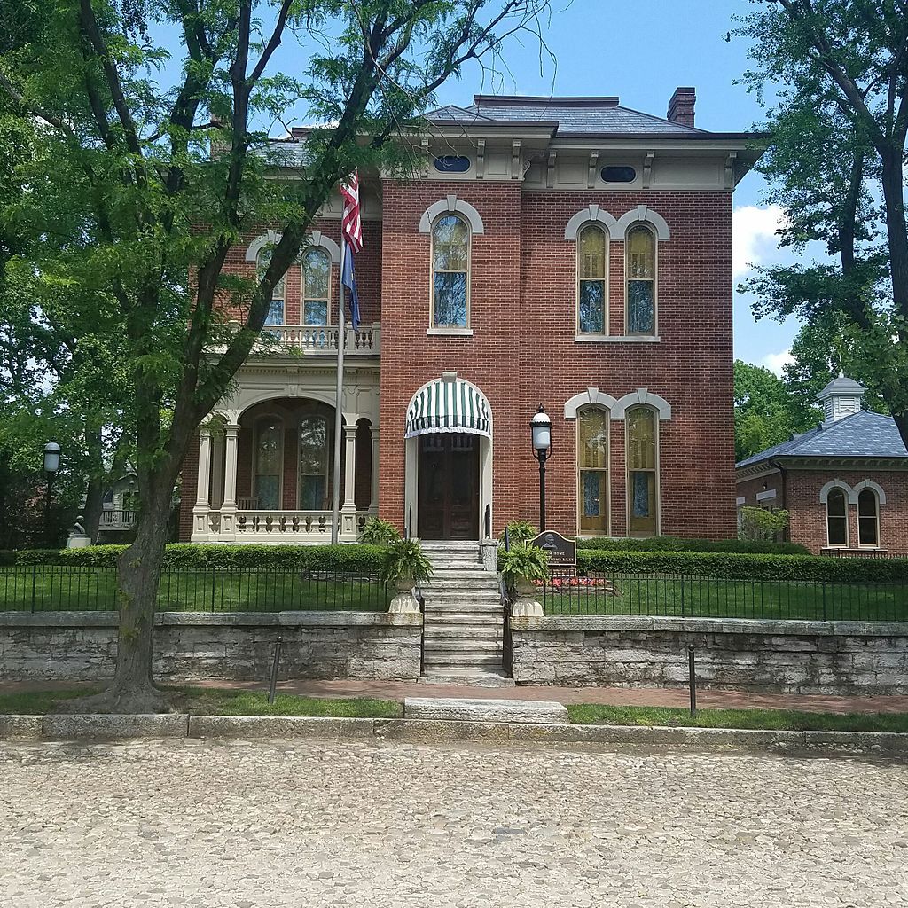 Facade of a brick building at Lockerbie Square Historic District