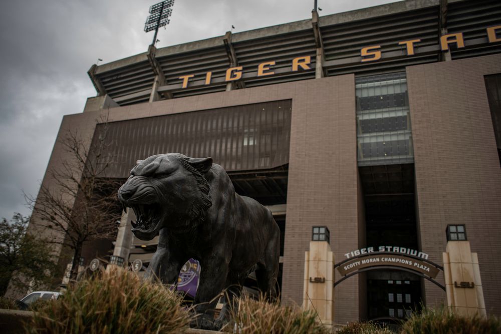 Tiger statue in front of the Tiger stadium at LSU