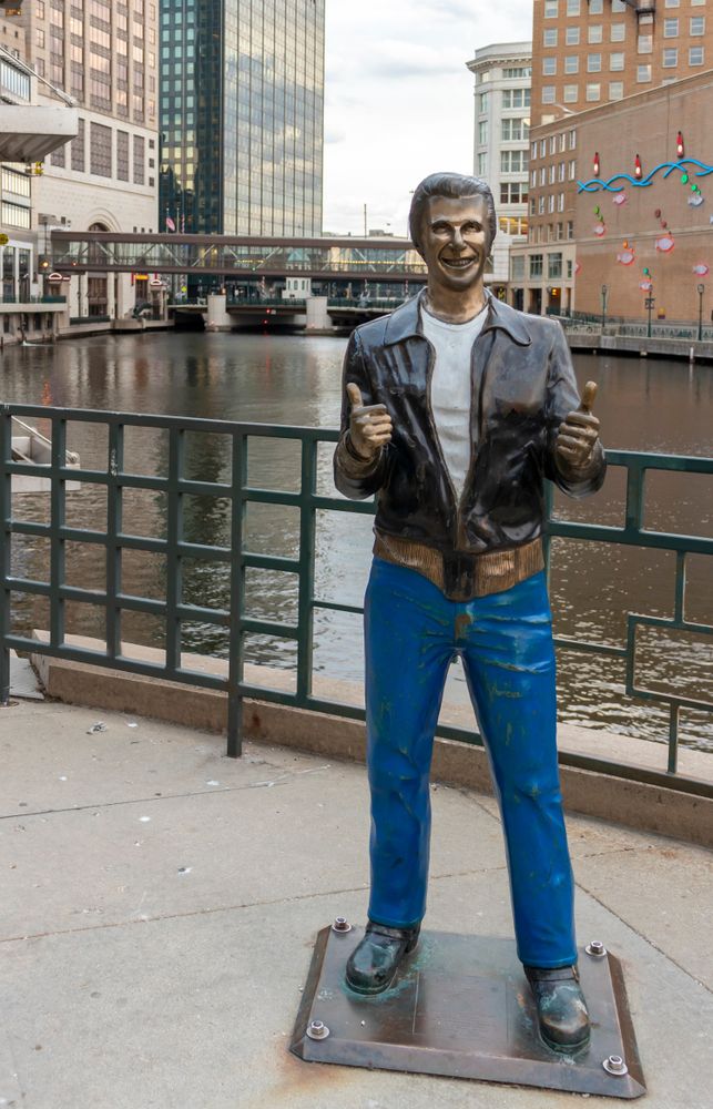 Statue of Arthur Fonzarelli at Milwaukee Riverwalk